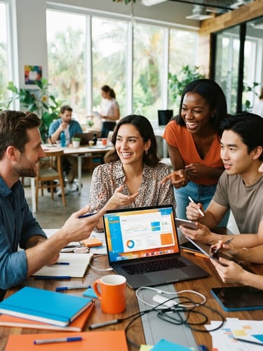 Dynamic shot of a diverse creative team collaborating intensely in a modern, sun-drenched workspace, digital interfaces visible, vibrant blue and orange accents in the foreground, sharp focus, natural Florida daylight, 35mm.