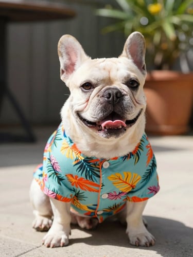 A happy small French Bulldog wearing a colorful tropical print shirt, sitting on a sunlit patio, bright natural daylight, shallow depth of field, 50mm lens