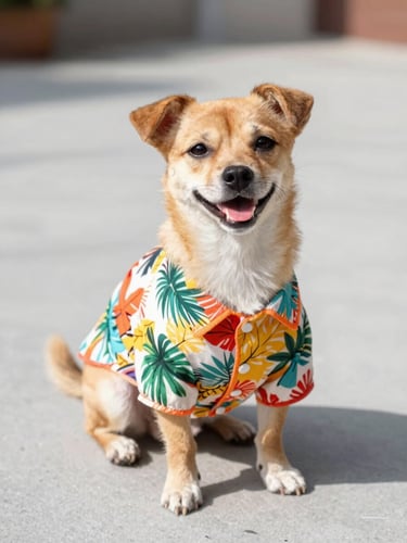 A joyful small dog wearing a colorful hand-sewn tropical shirt sitting on a light grey floor, bright natural daylight, shallow depth of field, 50mm lens