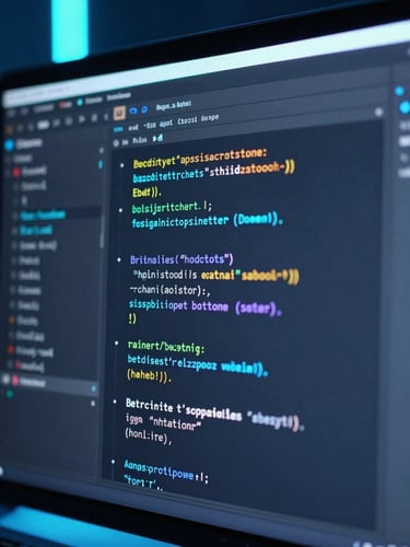 Close-up of a clean IDE interface with syntax highlighting, cool studio lighting with neon cyan and blue ambient accents, sharp focus, 35mm lens.