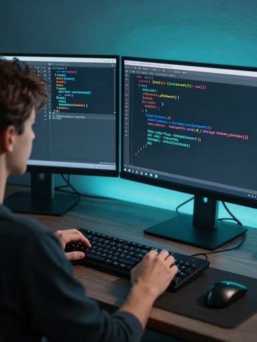 Over-the-shoulder shot of a young developer writing clean React code on a dual-monitor setup with cool cyan ambient glow, sharp focus, 35mm lens