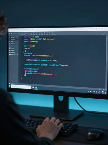 Over-the-shoulder medium shot of a developer writing clean React code on a vertical monitor, cool cyan ambient glow, dark background, sharp focus, 35mm lens