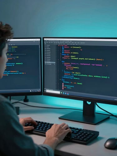 Over-the-shoulder shot of a developer analyzing a complex React code structure on a dual-monitor setup with cool cyan ambient lighting, modern tech office environment, sharp focus, 35mm lens.