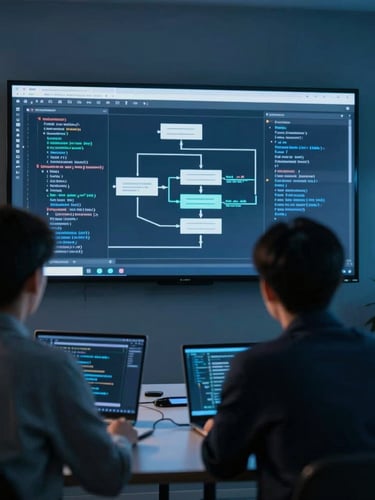 Over-the-shoulder shot of a coding standup meeting, young professionals discussing system architecture on a large screen displaying database schemas, cool ambient blue lighting.