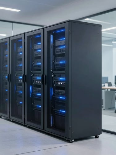 Modern secure server room with soft blue indicator lights, clean glass panels, professional corporate environment, editorial