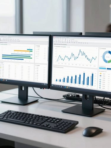 Crisp corporate office daylight, dual-monitor setup showing clean financial dashboards, cool slate and navy tones, sharp focus, editorial framing