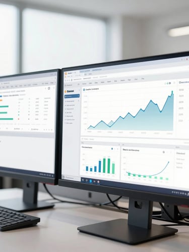 Close-up of dual-monitor setup showing clean financial dashboards, bright neutral office daylight, cool slate and navy tones, sharp focus, editorial