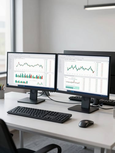 Medium shot of a clean modern corporate office with dual monitors displaying financial dashboards, bright neutral daylight, cool slate tones, sharp focus, editorial