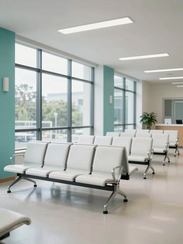 Wide interior shot of a completed modern clinic waiting area, natural daylight flooding through large windows on the left, rows of clean white seating, polished floor, clinical teal accent wall visible to the far left, no people