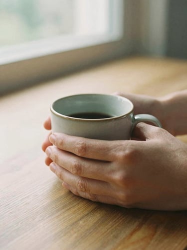 Close-up of hands holding a warm ceramic mug on a wooden table, soft natural daylight from a nearby window, gentle earth tones, authentic human connection, 35mm film style.