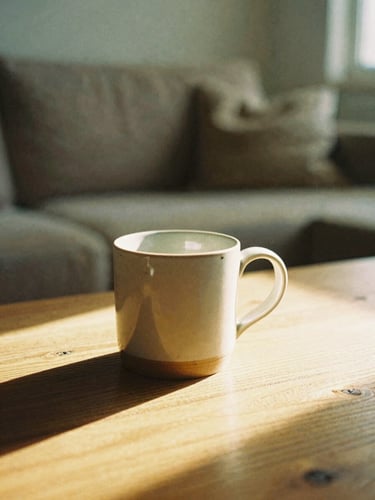 Soft golden-hour light streaming into a warm living room, a ceramic mug resting on a wooden table, cozy textiles in the background, 35mm film style.
