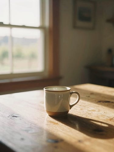 Soft natural golden-hour daylight illuminating a cozy Napa Valley community room, a warm wooden table with a ceramic mug, inviting atmosphere, 35mm film style.