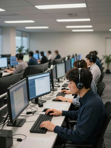Wide environmental shot of an active call center operations floor, rows of agents wearing headsets at workstations with multiple monitors glowing under neutral overhead fluorescent light, overhead angle showing the scale of the room, no faces visible, keyboards and headset cables in foreground