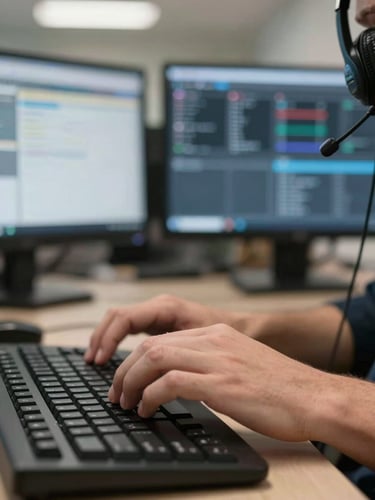Close-up of an agent's hands resting on a keyboard with a headset cable visible, multiple support dashboard screens in soft focus background, neutral overhead workplace lighting, operational environment, no faces shown