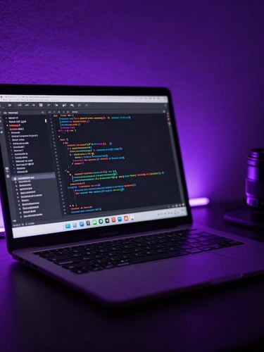 Dark editorial photography of a sleek creative workspace, glowing purple neon backlighting, macro shot of a laptop screen displaying code and analytics, moody obsidian tones, 35mm lens