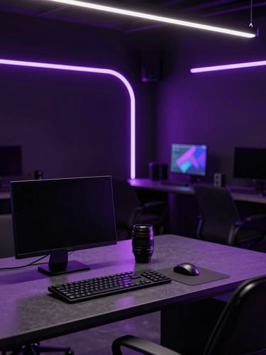 Modern creative workspace with curved neon purple light bars, obsidian desks, high-end digital devices, dark editorial photography, 35mm lens
