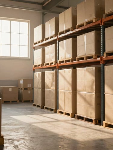 Wide environmental shot of a modern, highly organized Indian logistics warehouse with pristine concrete floors, soft ambient daylight filtering through high windows