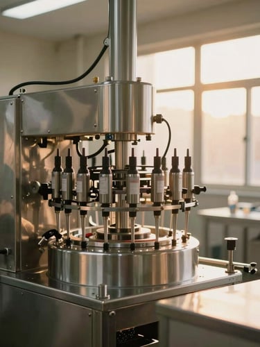 Spotless modern manufacturing facility, stainless steel machinery under clean ambient lighting, high-tech automated bottling line, shallow depth of field