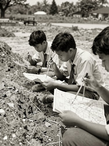 Vintage-toned black and white documentary style photo of geological field mapping in Lampung, students holding compasses and maps, natural daylight