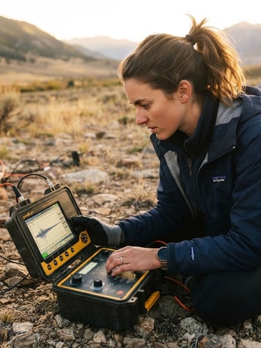 Close-up of a geophysics student operating a digital seismograph in the field, golden hour lighting, sharp focus, 35mm