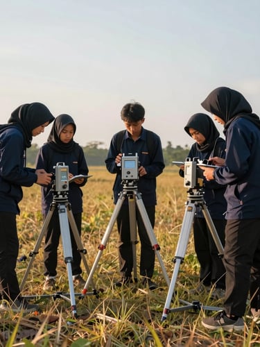 Wide environmental shot of geophysics students operating a geoelectric resistivimeter in a grassy field in Lampung, golden hour sunlight, sharp focus, 35mm