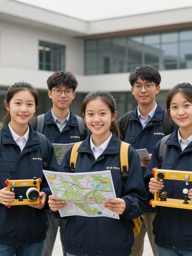 A portrait of geophysics students holding geological equipment and maps, smiling professionally, modern academic campus background, natural daylight, sharp focus