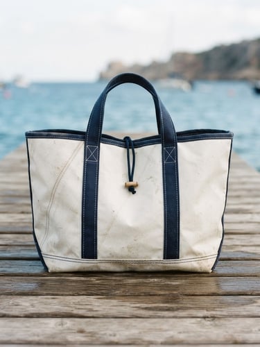 A minimalist editorial photograph of a handcrafted Seconda Rotta bag made of white weathered sailcloth with navy blue stitching, resting on a clean wooden dock with soft coastal daylight, shallow depth of field, 35mm