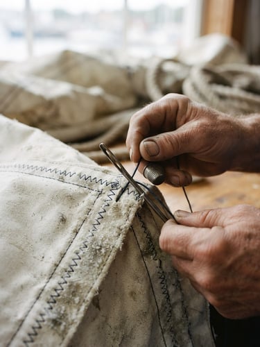 Extreme close-up of artisan hands guiding a heavy sewing needle through thick, weathered white sailcloth, soft natural coastal daylight, shallow depth of field