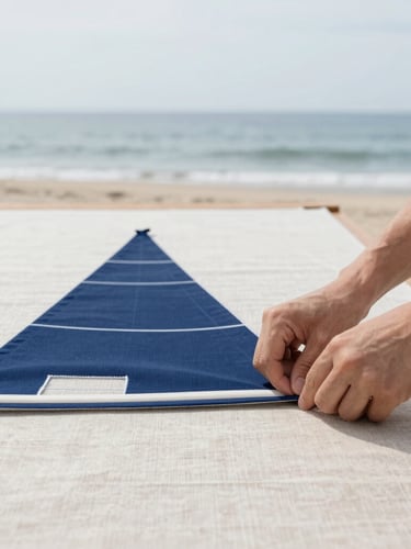 Hands of an artisan carefully aligning a blue sailcloth pattern on a clean linen-covered cutting table, soft natural daylight, minimalist aesthetic