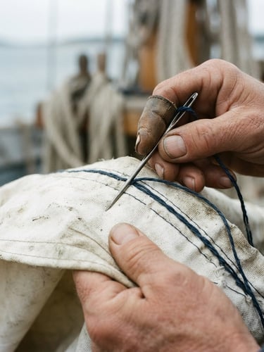 Extreme close-up of the hands of an artisan guiding a heavy needle through weathered white sailcloth, soft coastal overcast daylight, shallow depth of field, 35mm