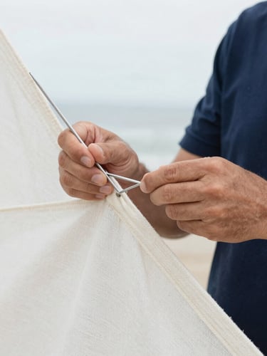 Close-up of artisan hands guiding a thick sail needle through a weathered white canvas, soft natural light, linen and navy tones, minimalist editorial photography