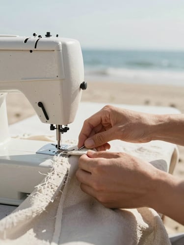 Close-up of artisan hands carefully guiding a heavy sewing machine needle through thick, weathered sail canvas, warm natural light