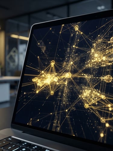 Macro shot of a sleek dark laptop screen displaying glowing golden-yellow data nodes, clean geometric glass textures, deep navy background, high-end office environment