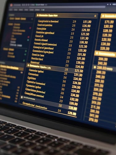 Close-up macro shot of a sleek laptop screen displaying golden-yellow data visualizations of commission splits, deep navy background, reflective glass textures, moody ambient office lighting