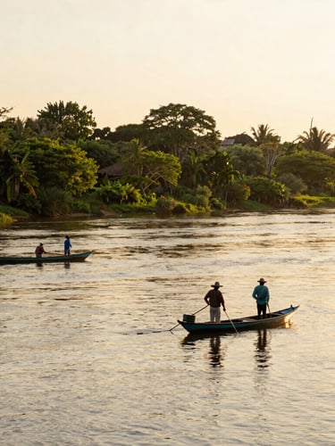Wide environmental shot of Colombian artisanal fishers on a calm river at sunrise, warm natural golden-hour light, 35mm lens, authentic rural landscape
