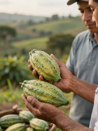 A close-up of hands of a Colombian farmer showing freshly harvested green cacao pods to an agricultural technician, warm natural daylight, authentic rural setting