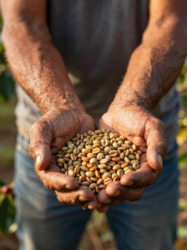 Close-up of a Colombian farmer's weathered hands holding freshly harvested organic coffee beans, warm golden-hour natural light, authentic agricultural setting.