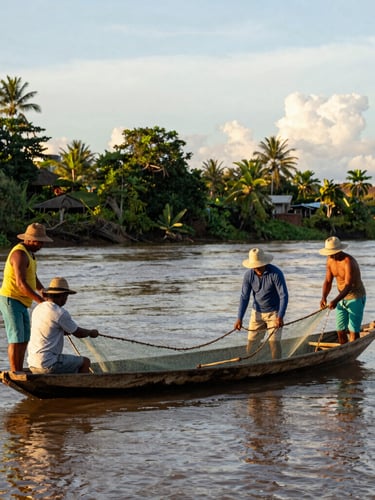 An environmental portrait of Colombian artisanal fishers working together on a wooden boat, pulling a net from clean river waters, golden hour