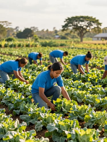 A group of young Colombian agricultural volunteers in blue shirts working alongside local farmers in a bright green vegetable field, sunny day, authentic editorial photography