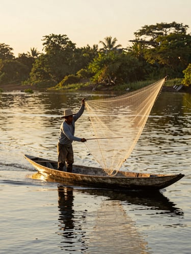 A Colombian artisanal fisherman in a wooden canoe on a calm river at sunrise, casting a hand-woven net, warm golden-hour light reflecting on the water
