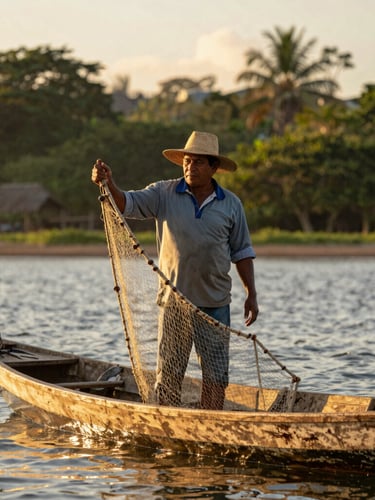 Environmental portrait of a Colombian artisanal fisher on a wooden boat at sunrise, holding a net, warm golden-hour daylight, 35mm lens
