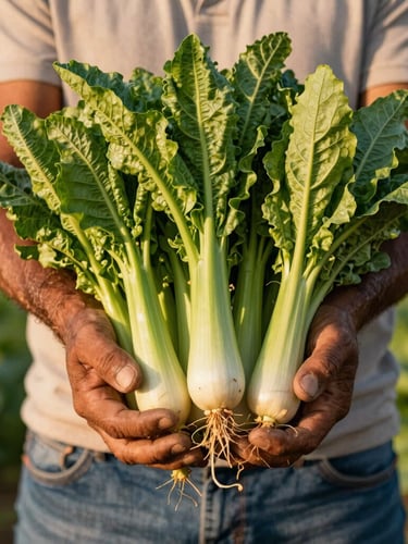 A close-up of a Colombian farmer's hands holding a rich harvest of fresh organic vegetables, warm natural daylight, highly detailed