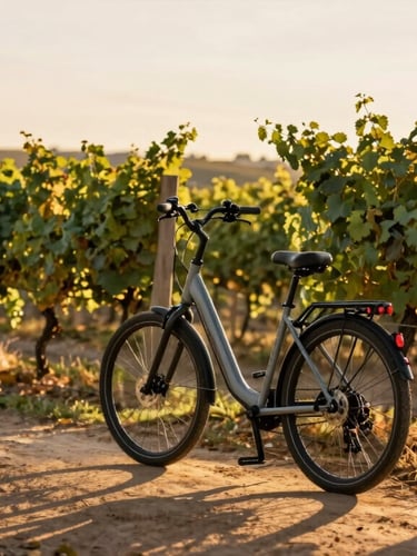 A premium step-through e-bike parked beside a lush grape vineyard at golden hour, warm afternoon sun casting long shadows, 35mm editorial style.