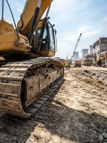 Low-angle heavy excavator tracks in yellow paint on a dusty Rawatbhata construction site, midday sun casting sharp shadows, wide environmental shot