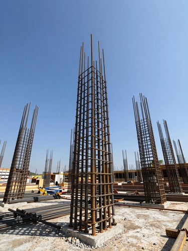 Low-angle shot of concrete reinforcement steel bars rising into a clear blue sky on an active industrial construction site, high contrast