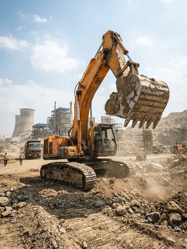 Low-angle heroic shot of a heavy yellow excavator on a dusty construction site in Rawatbhata, bright natural daylight, sharp focus