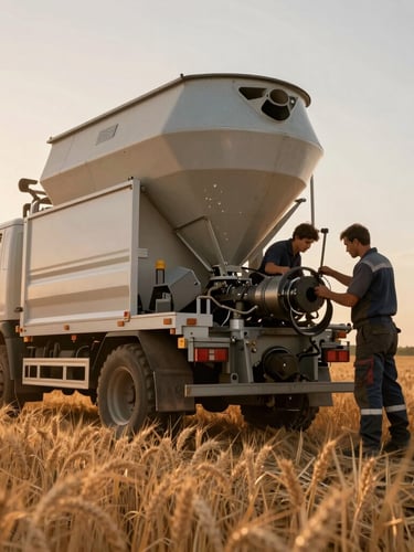 Low-angle heroic shot of a mobile service truck parked next to a large feed mixer in a golden-hour Anatolian wheat field, mechanics in workwear examining a mechanical part, warm sunset light, dust particles in the air, 35mm
