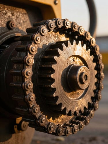 Close-up macro shot of heavy-duty steel gears and drive chains inside an agricultural machine, raw steel textures, grease, warm golden-hour side lighting, high contrast, 35mm