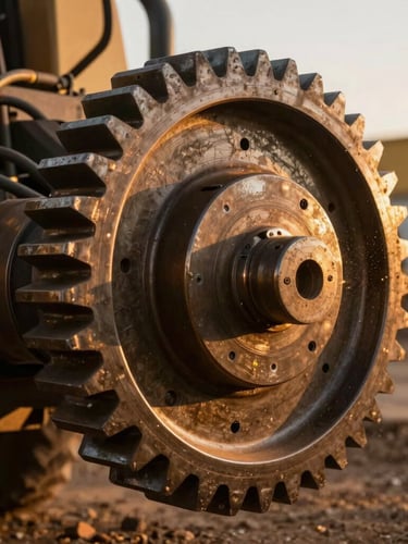 Close-up heroic shot of a heavy steel gear and robust welding joints on an agricultural machine, warm golden-hour sunlight reflecting off the raw metallic surface, dust particles in the air, 35mm.