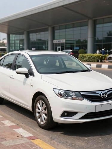 A clean professional sedan parked outside the Kempegowda International Airport terminal in bright daylight, sharp focus, 35mm lens.